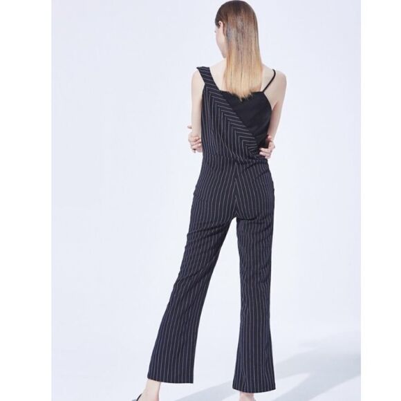 Asymmetrical Pinstripe and Lace Jumpsuit - Picture 4 of 4